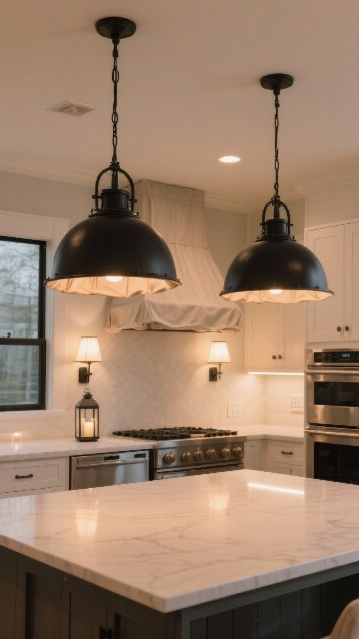Wide shot illustrating layered lighting: two oversized matte black metal pendants above the island, under-cabinet LED task lighting along the perimeter, a pair of simple sconces flanking the range, and a few recessed cans on dimmers; linen-covered lantern aesthetic in the pendants; warm, balanced illumination across the space.