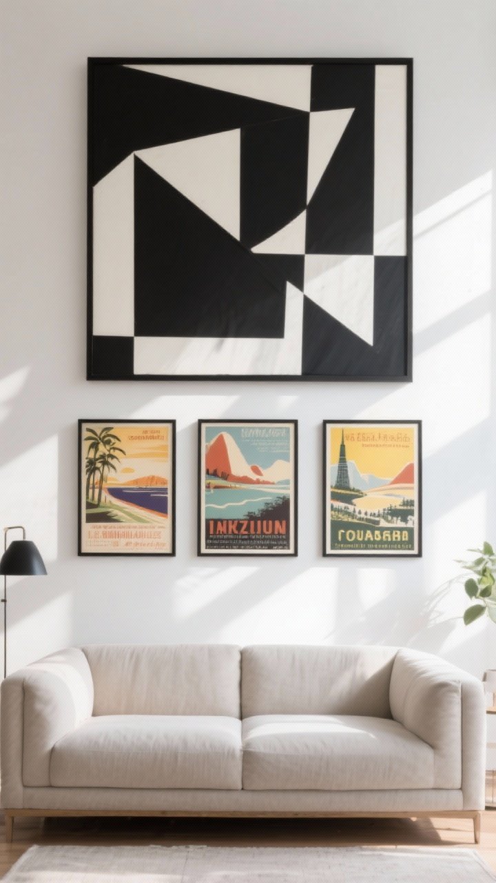 Wide shot: Large-scale art moment—an oversized abstract canvas with bold, clean geometry hung above a sofa, framed in black. Alternatively, a tight grid of three vintage travel posters with precise spacing. Minimalist decor around it to let the graphic statement breathe. Bright, gallery-like daylight.