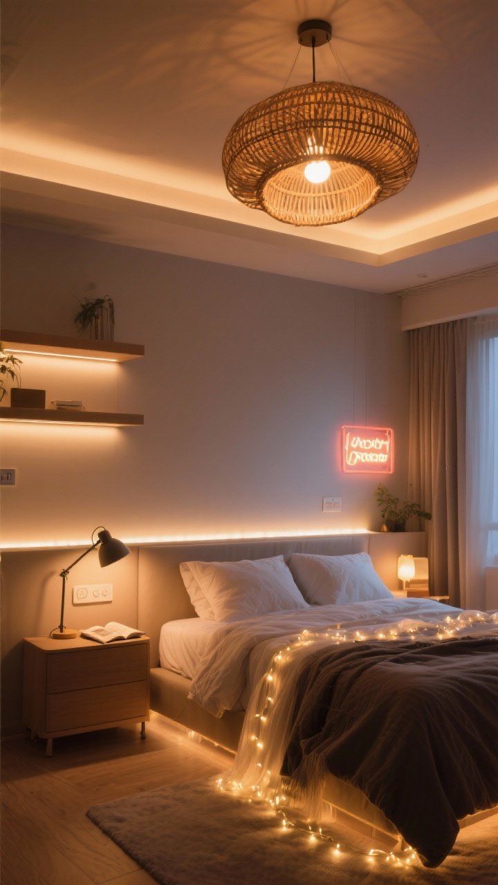 Wide shot: Layered lighting designed for flattering selfies—ambient overhead fixture with personality (rattan or sculptural), warm LED bulbs at 2700–3000K, dimmable controls, a bedside task lamp for reading, and accent lighting like a small neon sign and softly draped fairy lights around the bed; optional discrete LED strips under shelves; evening glow with warm, cozy ambiance.