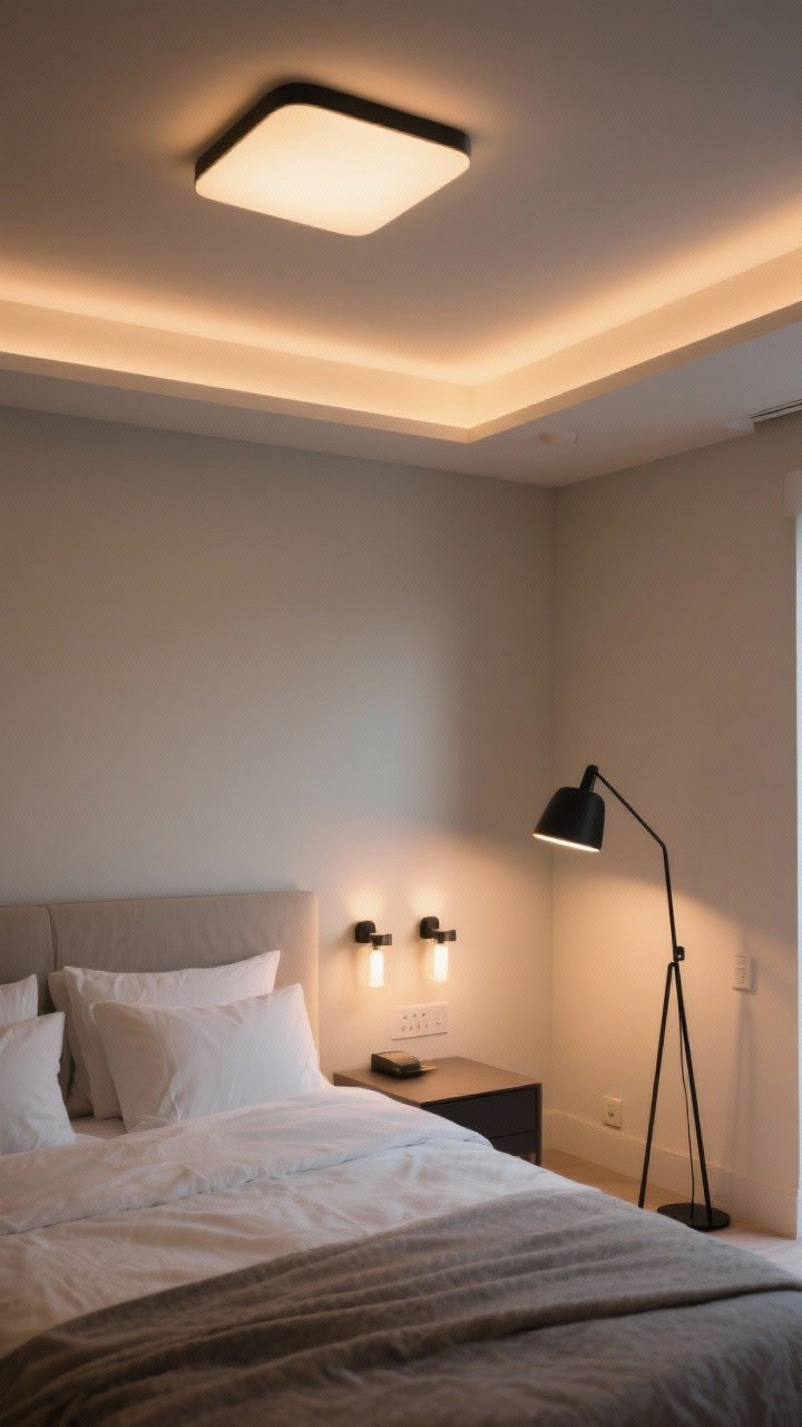 Wide shot: Layered lighting in a minimalist bedroom—ambient flush-mount ceiling fixture with warm 2700–3000K bulbs, matching bedside sconces for task light, and a slim black floor lamp as accent; all lights on low via dimmers creating a cozy evening mood; neutral palette with gentle shadows, photorealistic.