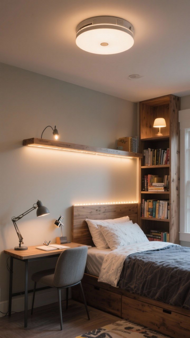 Wide shot: Layered lighting scheme in a teen bedroom—overhead flush mount on a dimmer, focused desk task lamp at a study corner, a bedside clip light, and LED strips running under a headboard shelf and along a bookcase. Warm-to-neutral bulbs (around 3000K) create a cozy yet functional atmosphere; mixed materials of wood, metal, and fabric visible.