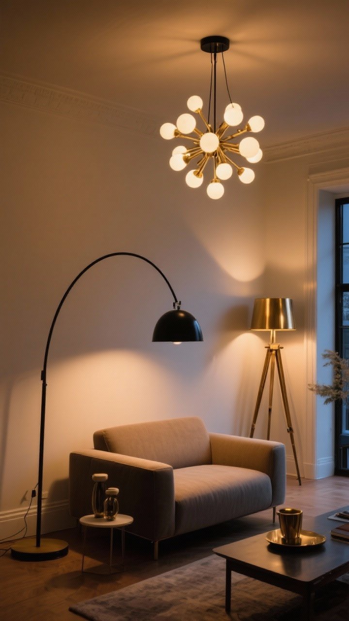 Wide shot: Layered mid-century lighting—an arc floor lamp sweeping over a sofa corner, a ceiling-mounted sputnik chandelier as a playful focal point, and a tripod floor lamp in the background. Mixed metals in brushed brass and black, repeated subtly in small decor. Evening scene with warm ambient glow, cinematic atmosphere.