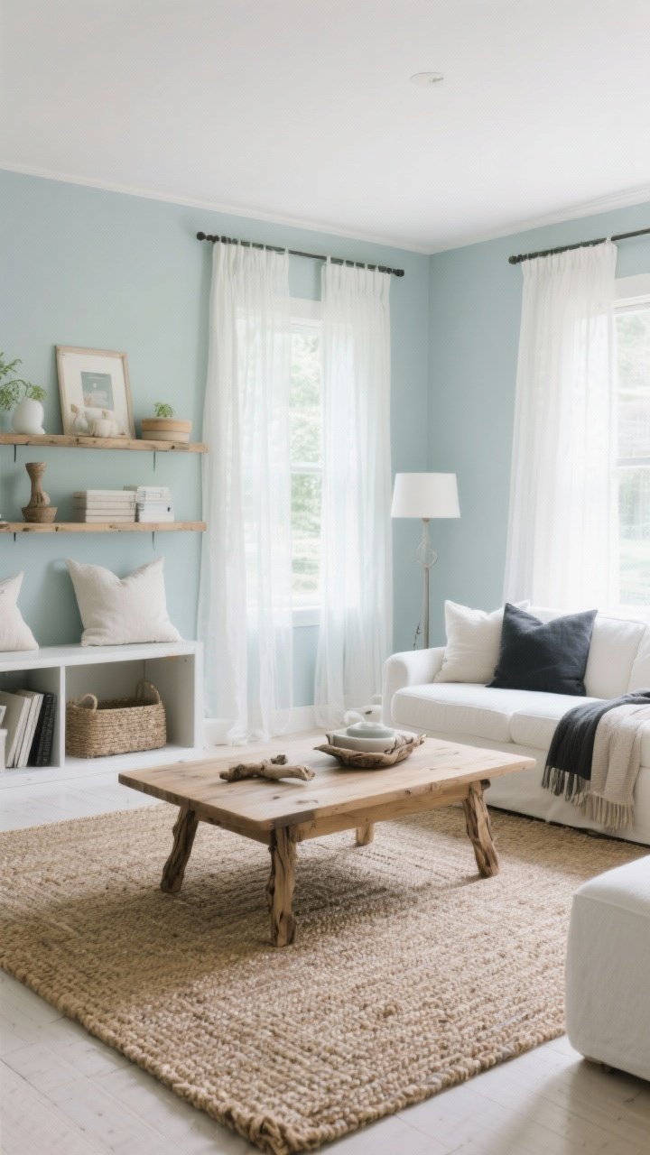 Wide shot: Light, airy living room with pale blue-gray walls leaning subtly green to avoid nursery vibes; space-expanding feel with white sofa, oak coffee table, and soft charcoal accents; natural textures—sisal rug, driftwood-toned shelving, linen cushions; sheer curtains that let daylight bounce around; straight-on, bright coastal ambiance.