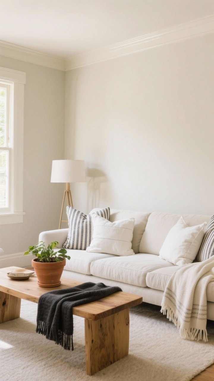 Wide shot: Living room in creamy beige walls (Edgecomb Gray/Natural Linen vibe) that avoid yellow; layered whites in pillows and throws on a light sofa to feel intentional; terracotta pot with a plant, oak coffee table, and a charcoal throw for balance; subtle patterned elements like striped cushions; even daylight, straight-on perspective.