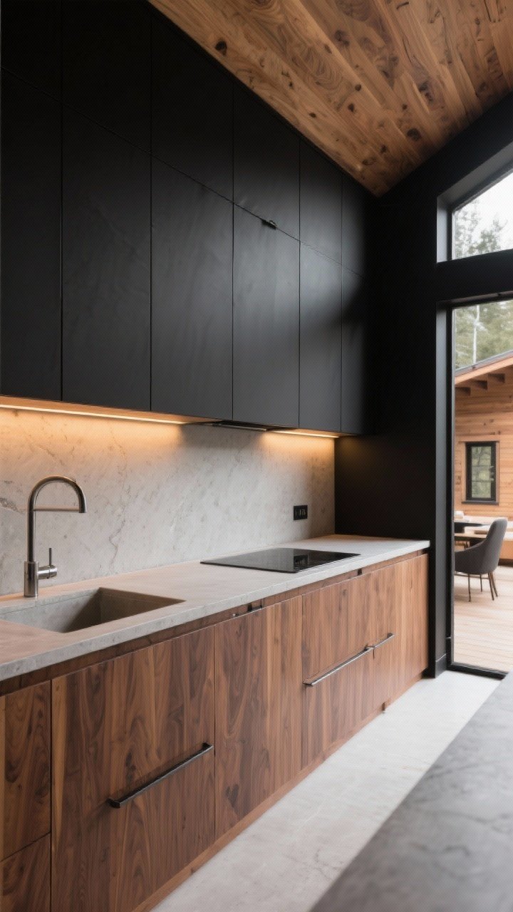 Wide shot: Modern cabin energy in an open-plan kitchen—black flat-panel upper cabinets, warm wood grain lower cabinets in walnut or white oak with visible grain, integrated slim bar pulls, honed concrete or stone countertops, and warm LED under-cabinet lighting that softens the black and highlights the wood; angled corner perspective with minimal styling.