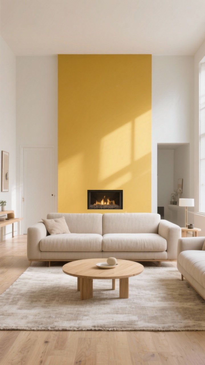 Wide shot, modern living room with a single yellow accent wall behind a neutral sofa; choose one hue: mustard, lemon, or ochre. The other three walls are soft white/greige/pale taupe. Place the accent wall where natural light hits so it glows gently, not harshly. Include a fireplace or sofa centered on the yellow wall, neutral rug, light wood coffee table, and minimal decor. Photorealistic daylight, straight-on perspective, balanced composition.