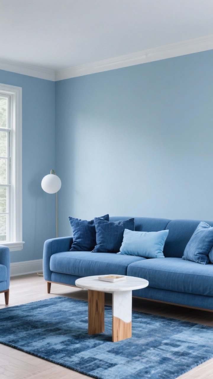 Wide shot: Monochrome blue living room—pale powder/slate blue walls, a blue couch layered with pillows and rug in navy, denim, and sky blue; strategic breaks with a white side table and warm wood accents prevent matchiness; soft, expensive-looking atmosphere, photorealistic.