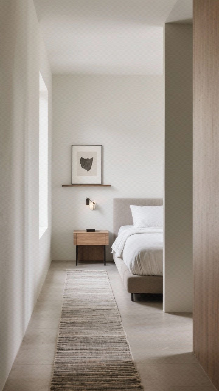 Wide shot of a bed intentionally pushed to one side: one larger nightstand on the open side, a slim wall shelf on the tight side, offset art and a sconce aligned with the mattress, and a runner rug along the open walkway for balance; repeated materials tie the asymmetry together; soft daylight, photorealistic