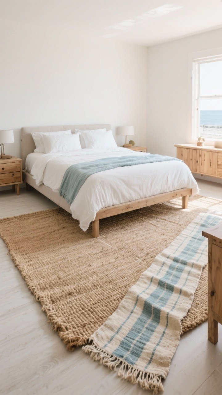 Wide shot of a bedroom grounded by a coastal rug: a large jute or sisal rug extending under the front legs of bed and nightstands, with alternative option of a flatweave striped rug in soft blues/neutrals layered atop; faded vintage-look runner at the side; natural wood furniture, light walls; bright daytime light showing texture; photorealistic