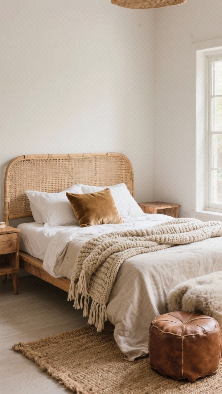 Wide shot of a boho bedroom focused on layered textures: a neutral linen duvet and cotton sheets on a low wood bed, topped with a chunky knit throw, a fringed pillow, and a single velvet cushion; mix of rattan headboard, jute area rug, leather ottoman, wool throw, and wooden nightstand; varied texture scale (big knit, subtle weave, smooth velvet); soft natural daylight from a side window, no people, photorealistic.