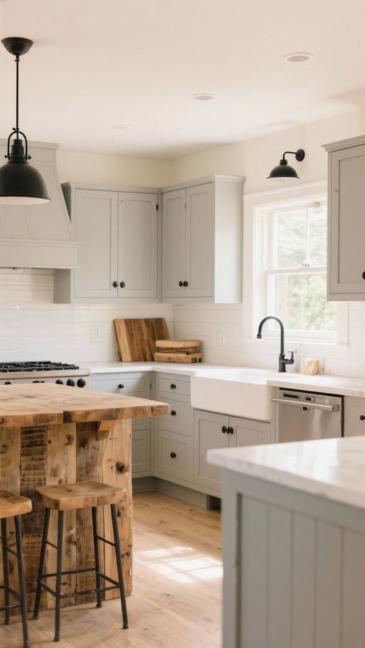 Wide shot of a bright farmhouse kitchen anchored by a soft, neutral palette: warm ivory walls, soft greige shaker cabinets with black hardware, and a rustic wood element like exposed butcher block accents; include gentle morning natural light, matte black fixtures for contrast, and warm gray undertones throughout to keep the space calm and welcoming.