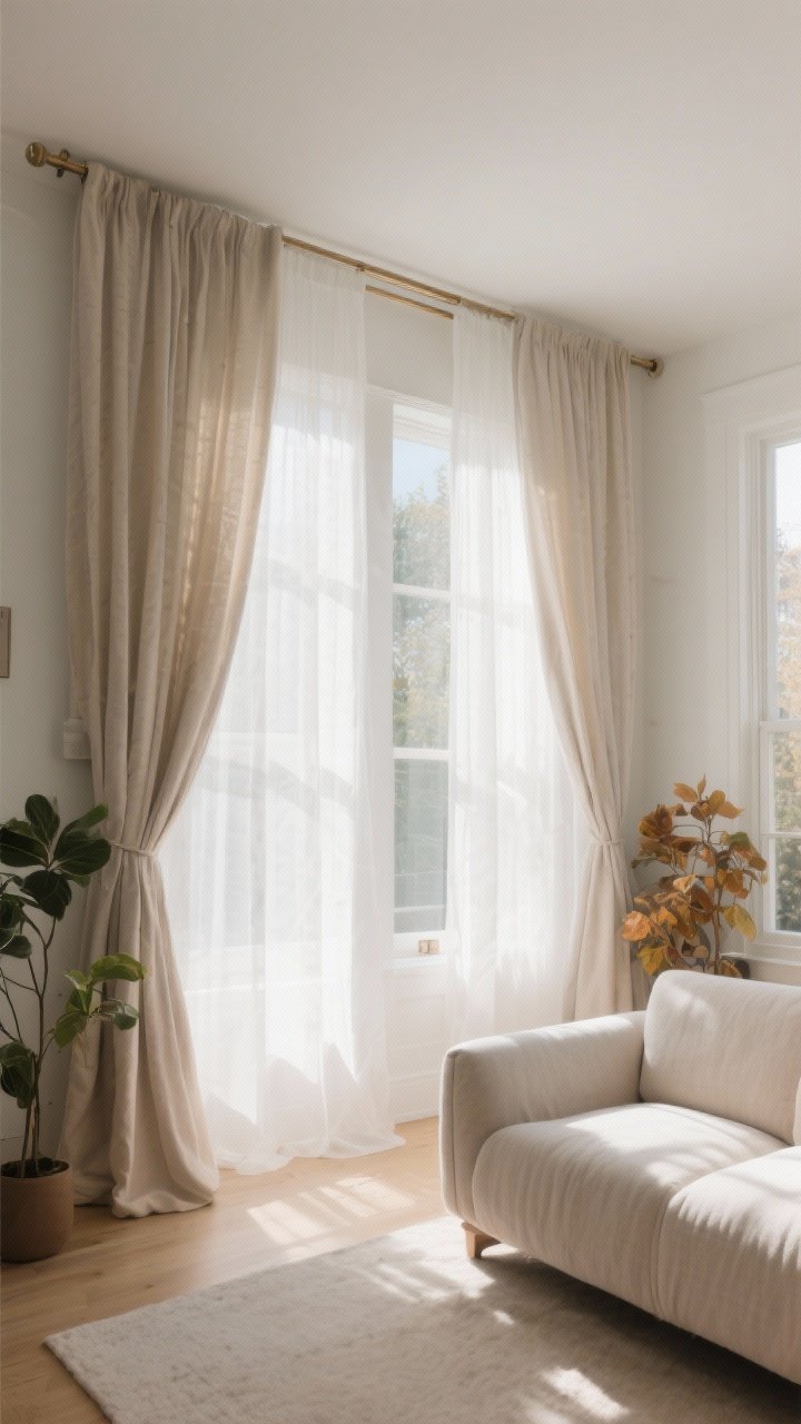 Wide shot of a bright living room with double-rod setup: wide-width sheer curtains on the back layer and heavier neutral drapes on the front pushed open. Sunlit, soft, dreamy light with glowy ambience; cool white sheers on one window and warm white sheers on another to compare tone. Minimal seams for a luxe fall. Plants and a linen sofa nearby, privacy-friendly but airy. Straight-on view to show layered translucency.