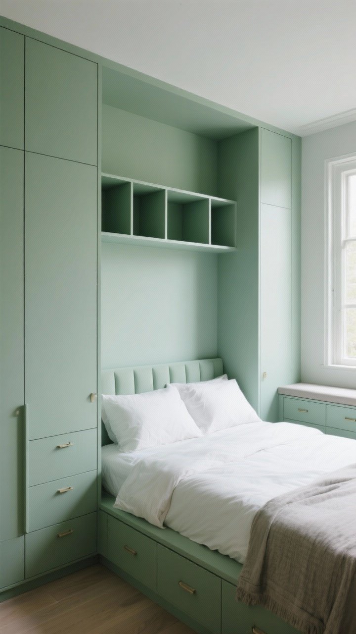Wide shot of a built-in look around the bed: tall wardrobes flanking the headboard, bridged by an overhead shelf with tidy cubbies; a shallow window-wall bench with drawer fronts beneath; everything painted the same soft sage green as the walls for a seamless custom effect; diffuse daylight, photorealistic