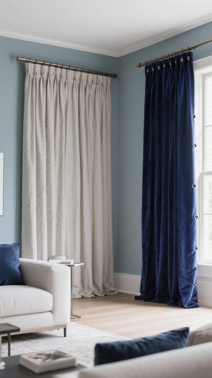 Wide shot of a contemporary living room with floor-to-ceiling drapes hung high and wide, rod extending 8–12 inches past each side. Two options combined: one wall shows wall-color-matched cotton twill panels with pinch-pleat headers; the adjacent window shows deep navy velvet panels with grommets for contrast and glam. Panels sized