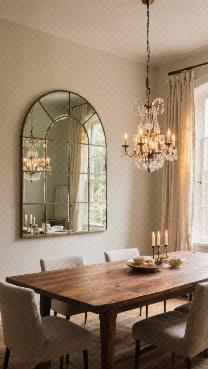 Wide shot of a dining room featuring an oversized arched statement mirror mounted on the wall opposite a window; the mirror spans at least two-thirds the length of the dining table, reflecting a stunning modern chandelier and candlelight to amplify glow; subtle antiqued glass for character; neutral plaster walls, walnut table parallel to the window, linen drapes filtering golden-hour light; perspective from a front corner to show reflection depth and room expansion