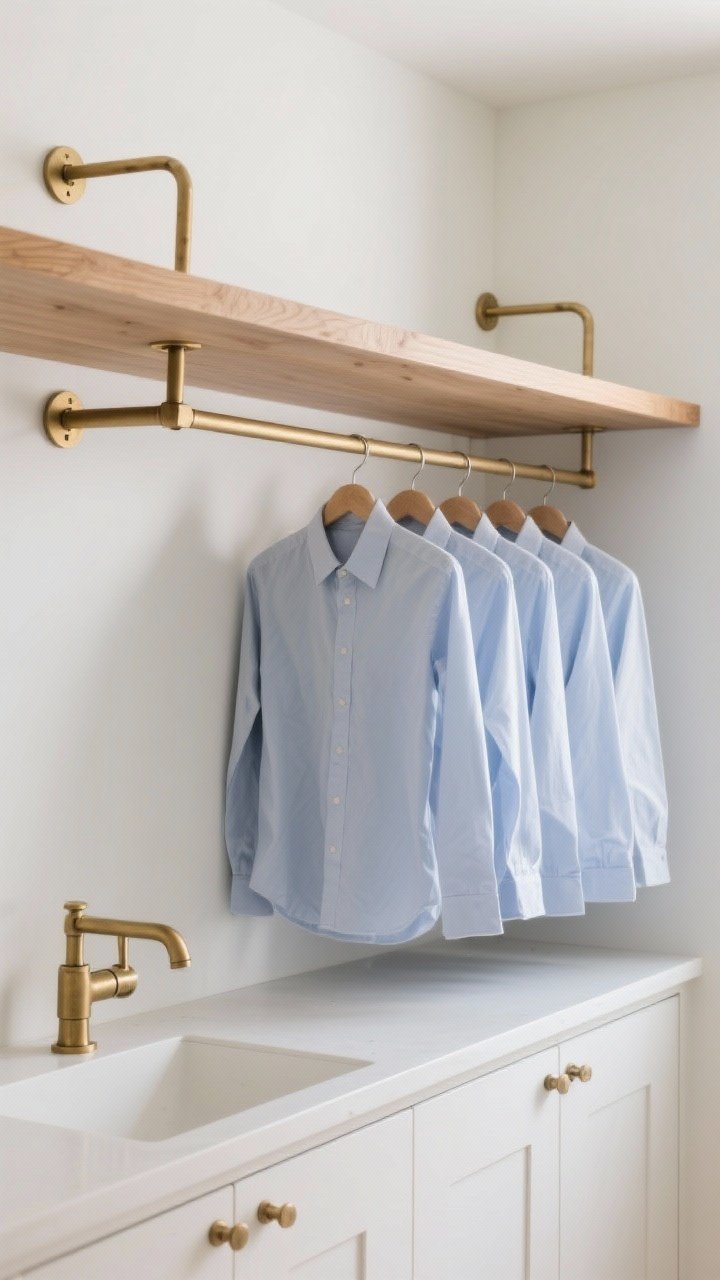 Wide shot of a floating garment rod mounted beneath a wood shelf between two brackets: brushed brass finish matching faucet and cabinet hardware; 12 inches of clearance below so hangers sit naturally; a row of freshly ironed shirts, minimalist styling, and bright even lighting for a clean, intentional, chic look.