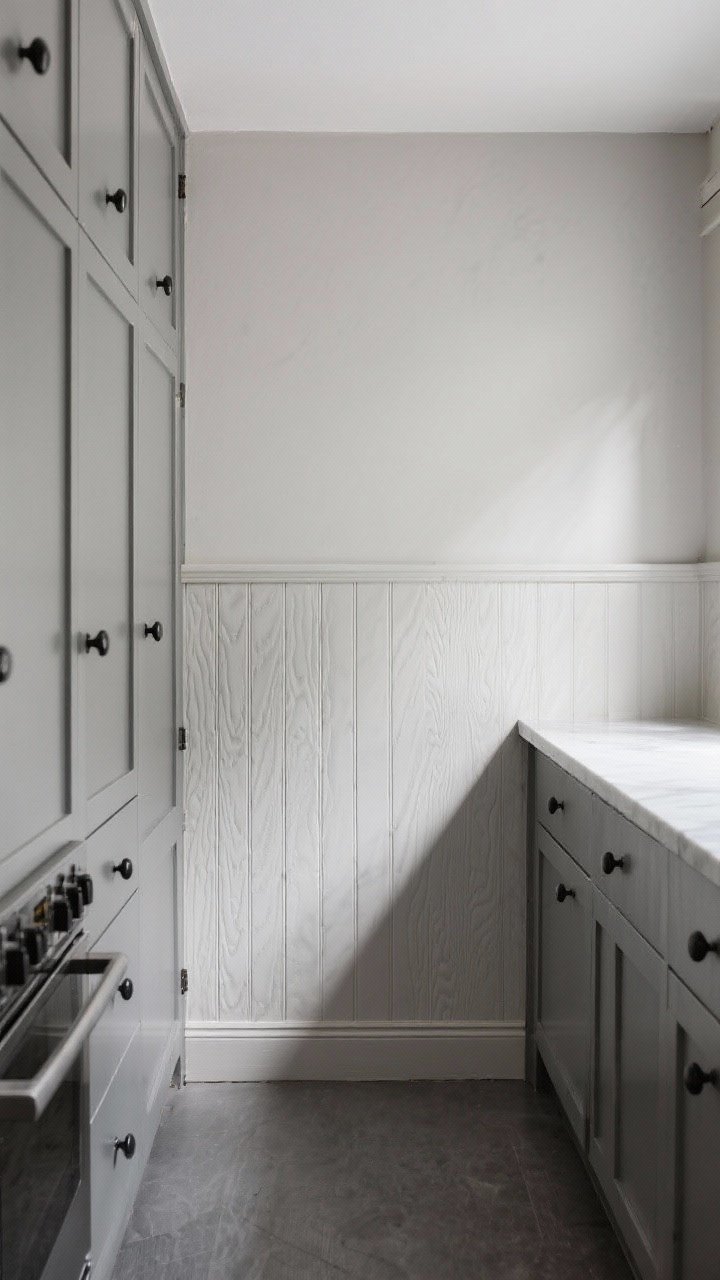 Wide shot of a galley kitchen with faux board-and-batten paneling wallpaper creating an architectural all-over look. Bottom half in paneled effect (wainscoting height), top half painted a complementary neutral. Black knobs on cabinet fronts for a bistro vibe; monochrome scheme closely matches paper and cabinet color for seamless depth. Slightly embossed vinyl texture mimicking wood grain is visible. Even daylight with gentle shadows, corner angle, photorealistic.