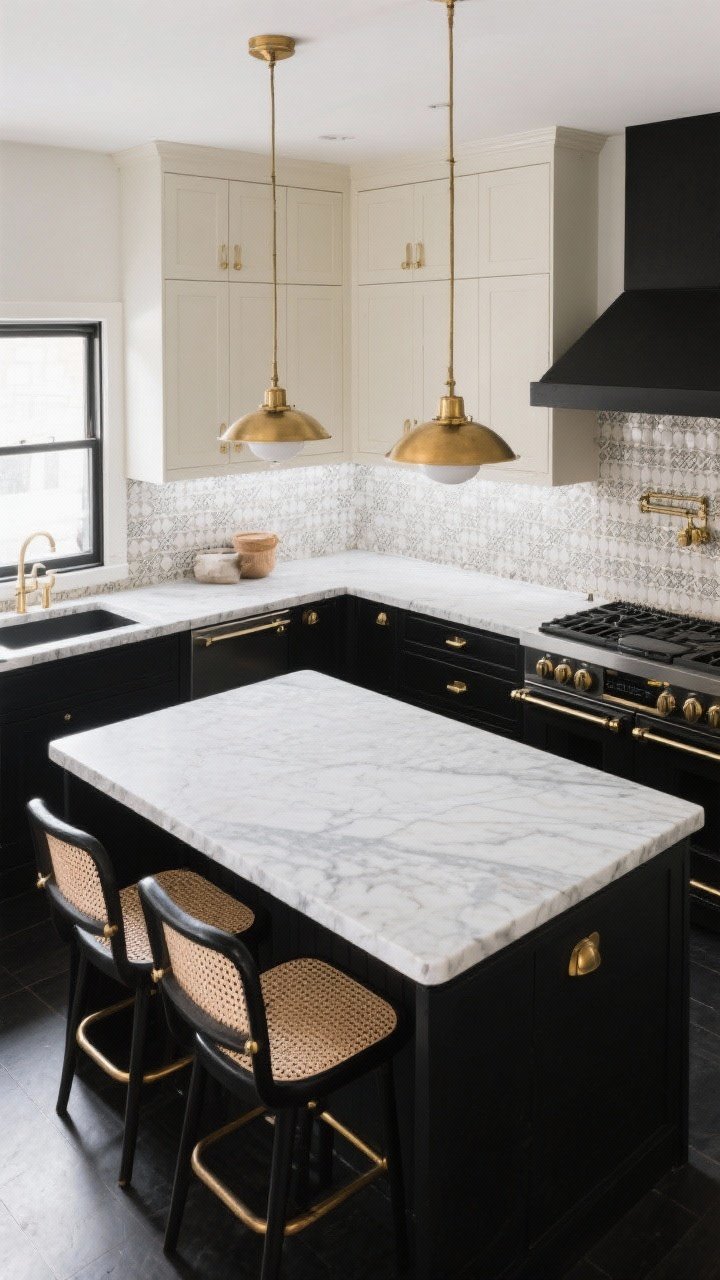 Wide shot of a high-contrast black-and-white kitchen, viewed slightly from above: matte black lowers with warm white uppers (creamy), light backsplash to avoid stark checkerboard effect; add texture with honed stone countertops, zellige tile backsplash, woven bar stools, and brass hardware; statement pendants in warm brass; overall balanced, timeless look with soft 3000K lighting.