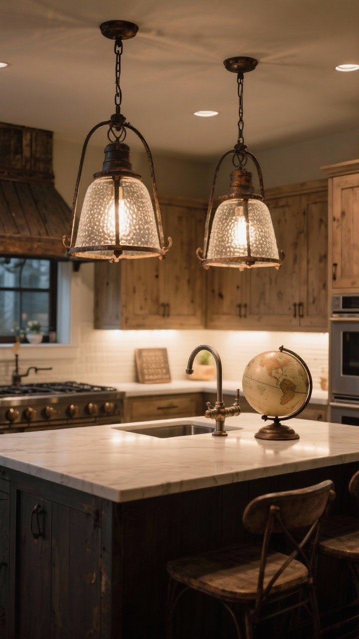 Wide shot of a kitchen with dramatic lighting: two oversized barn-style pendants in aged iron over the island, a vintage-inspired schoolhouse globe near the sink, and subtle under-cabinet lighting casting a soft evening glow; materials include iron and seeded glass; warm neutral cabinetry and wood tones enhance the jewelry-like fixtures.