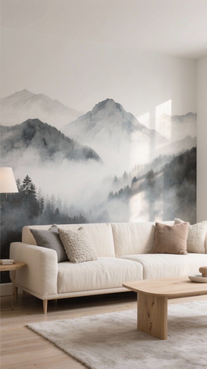 Wide shot of a living room accent wall covered with a peel-and-stick moody mural featuring misty watercolor mountains; furniture kept neutral and simple: a cream linen sofa, textured pillows in stone and mushroom tones, a pale oak coffee table; minimal accessories so the mural is the star; soft indirect morning light creating a calm, modern atmosphere.
