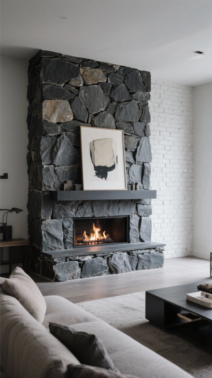 Wide shot of a living room fireplace wall clad in dramatic statement stone: stacked slate around the firebox for a modern, moody look; decor kept minimal with a single oversized artwork leaning on the mantel; alternative inset shows a painted white brick section for loft vibes; cool, even lighting highlighting the stone’s texture without clutter.