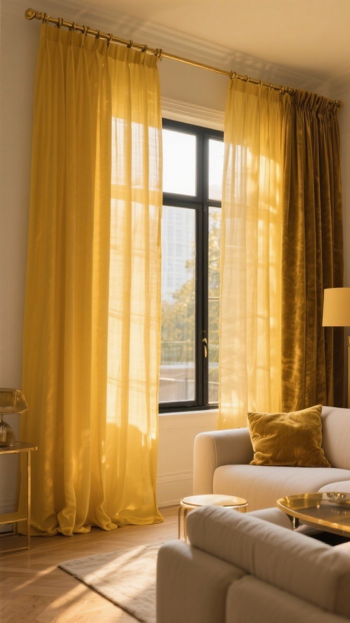 Wide shot of a living room transformed by sunshine-yellow curtains filtering warm light. Show fabric choice options: sheer linen for airy glow, cotton for everyday, or velvet for drama. Curtains are floor-grazing and extra wide on simple black or brass rods. The warmed room includes neutral seating and subtle gold-hour ambiance. Camera facing windows at slight angle to capture the glow.