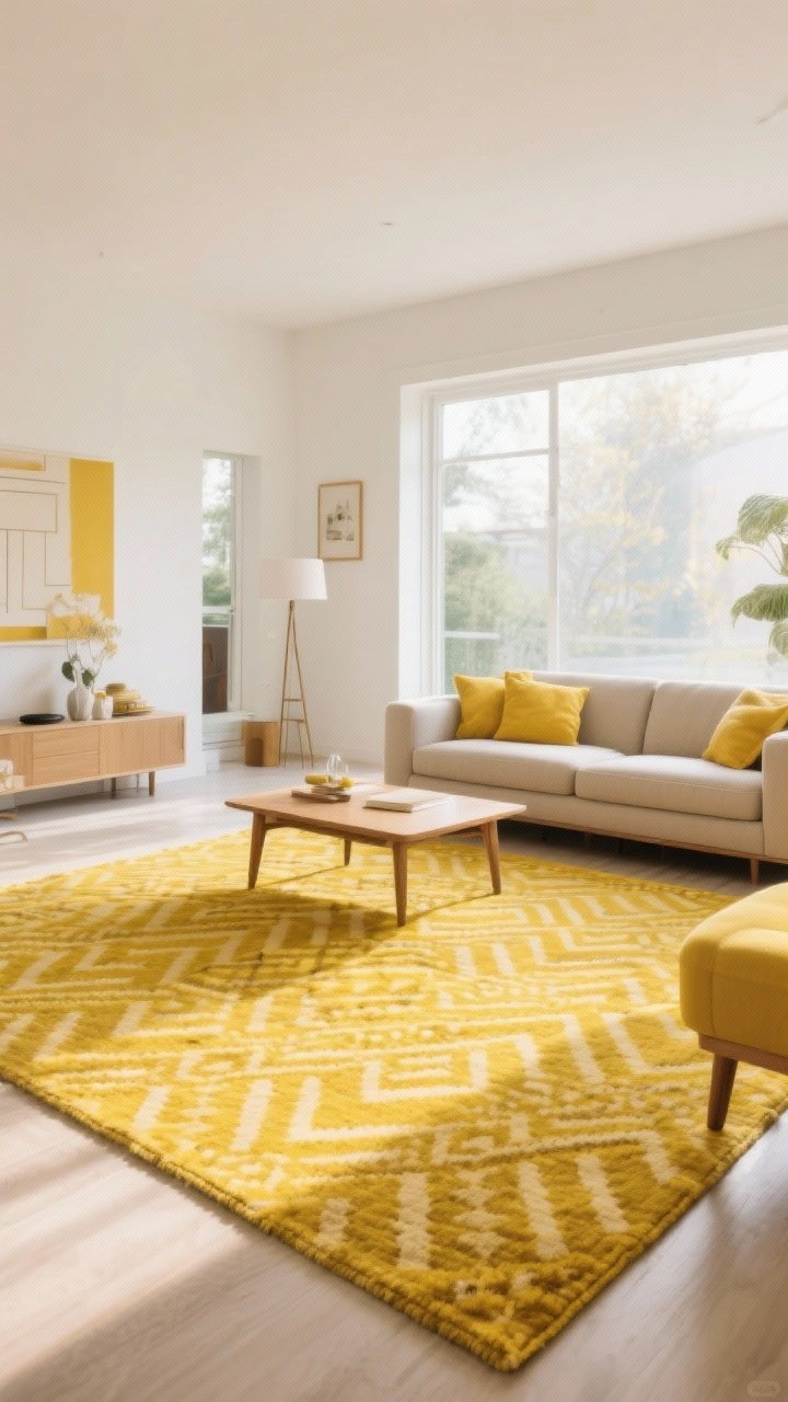 Wide shot of a living room unified by a bright yellow rug as the anchor. Patterned rug (Moroccan, stripe, or geometric) for interest and stain camouflage. Rug size is generous with front legs of furniture on it. Low pile wool for durability. Complement with neutral seating and subtle yellow accents. Daylight, straight-on, spacious feel.
