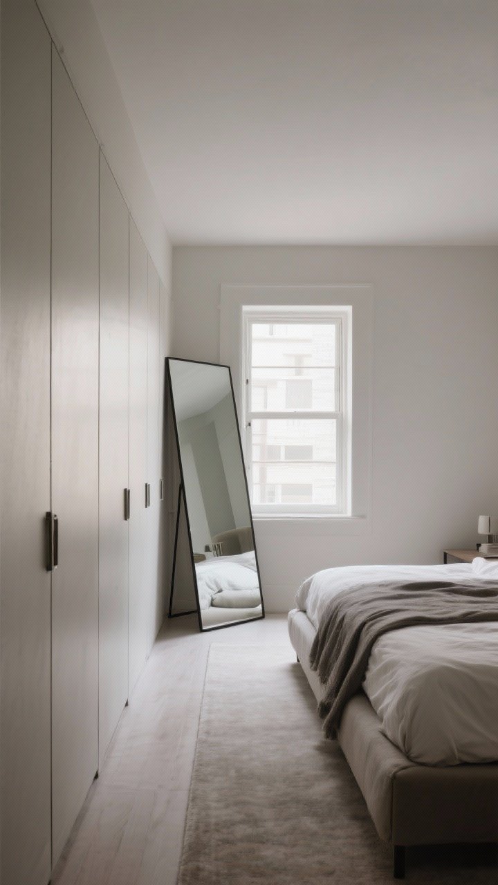 Wide shot of a long, narrow bedroom with a single oversized leaning floor mirror opposite a window, bouncing daylight across the room; optional mirrored wardrobe doors on one wall; pared-back styling to emphasize the mirror’s scale; neutral tones, dramatic simplicity, photorealistic