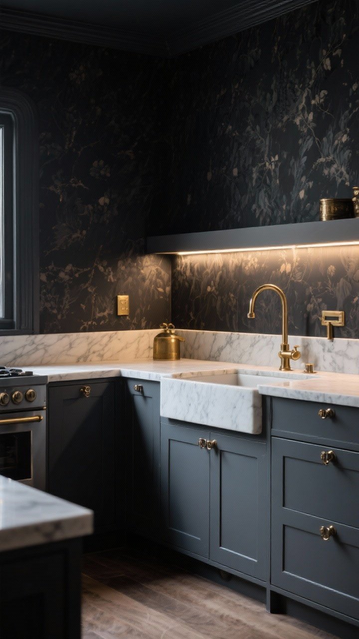 Wide shot of a moody kitchen with deep charcoal wallpaper above the counter and light marble counters for contrast. Under-cabinet LED lighting casts an inviting glow; metallic brass and polished nickel hardware add highlights. Lower cabinets painted a lighter shade to balance the darkness. The atmosphere is cozy-luxe, not cave-like. Straight-on perspective, photorealistic.