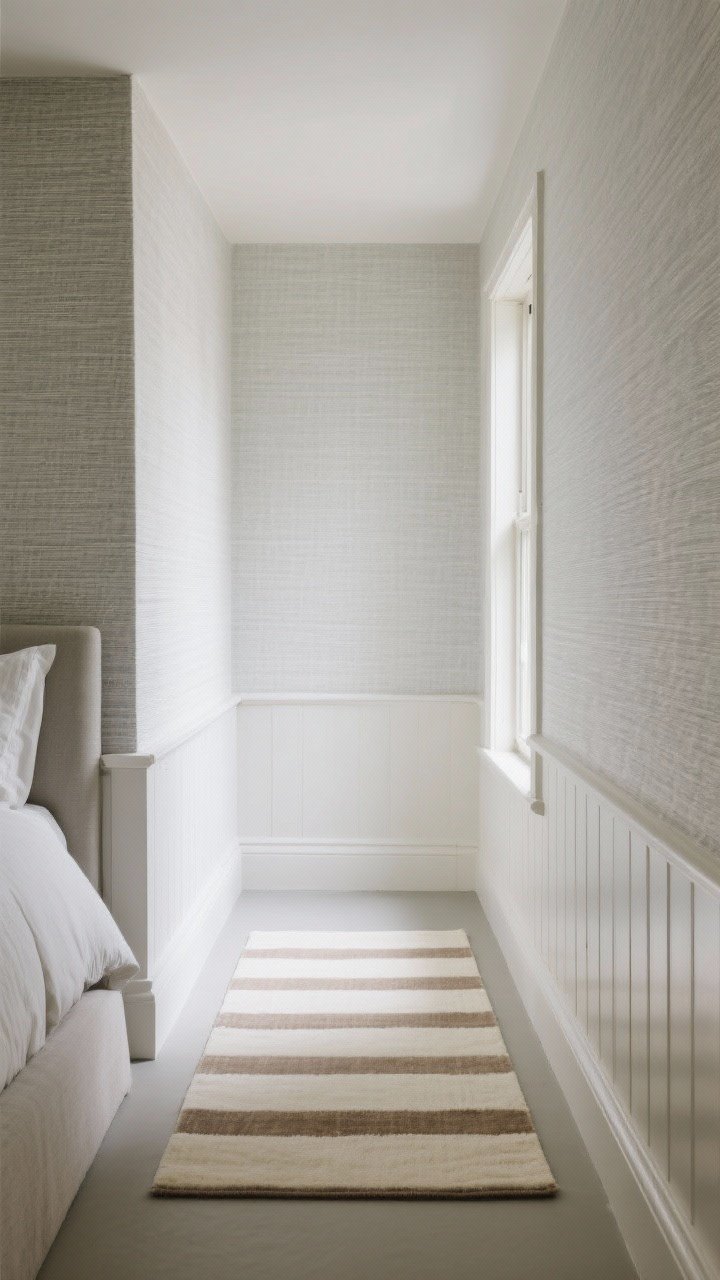 Wide shot of a narrow bedroom showcasing horizontal lines: a subtle pale-gray grasscloth wallpaper with a visible horizontal weave, a low-contrast cream-and-taupe striped rug laid across the short width of the room, and simple horizontal wainscoting molding wrapping the walls; soft natural daylight from a side window, calm neutral palette, no harsh contrast, photorealistic