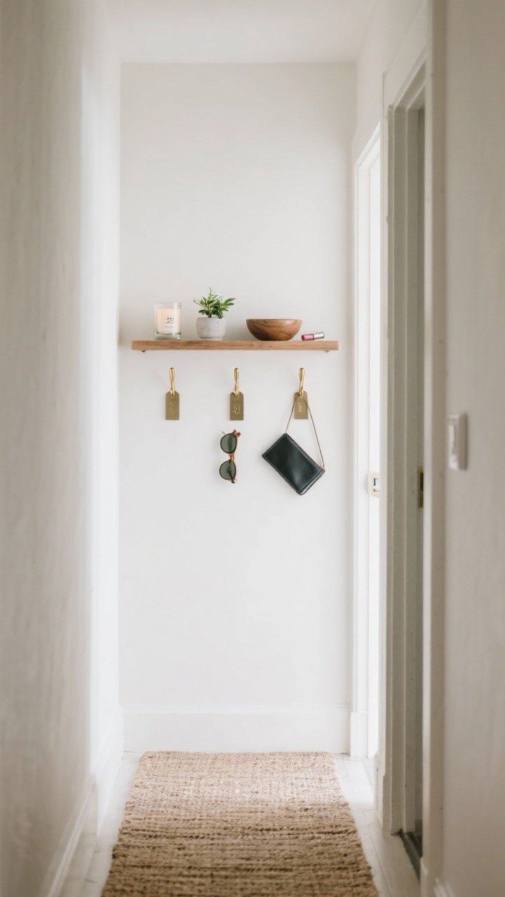 Wide shot of a narrow entry hall showcasing a white oak floating shelf (4–6 inches deep) with three brushed brass hooks underneath; each hook labeled with tiny metal tags; on the shelf: a small candle, a mini plant, and a slim catch-all bowl for sunglasses, wallet, and lip balm; light, airy Scandi vibe with pale walls and a woven runner; soft daylight, straight-on perspective emphasizing tight depth and practicality.