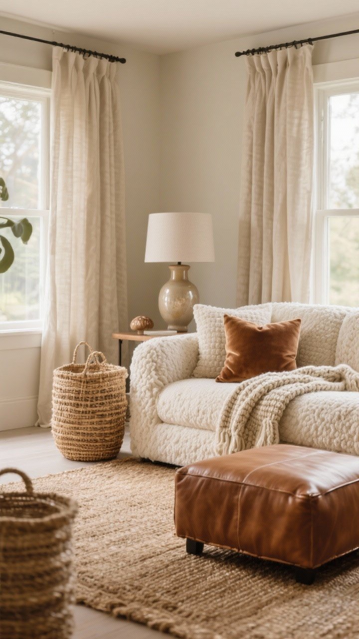 Wide shot of a neutral living room showcasing layered textures: a soft cream boucle sofa with generous cushions, a chunky knit throw draped over the arm, a natural jute rug underfoot, and a caramel leather ottoman; add linen curtains paired with a glazed ceramic table lamp for matte-shiny contrast, velvet mushroom-toned cushions next to woven seagrass baskets; warm natural daylight, calm and cozy mood, photorealistic.