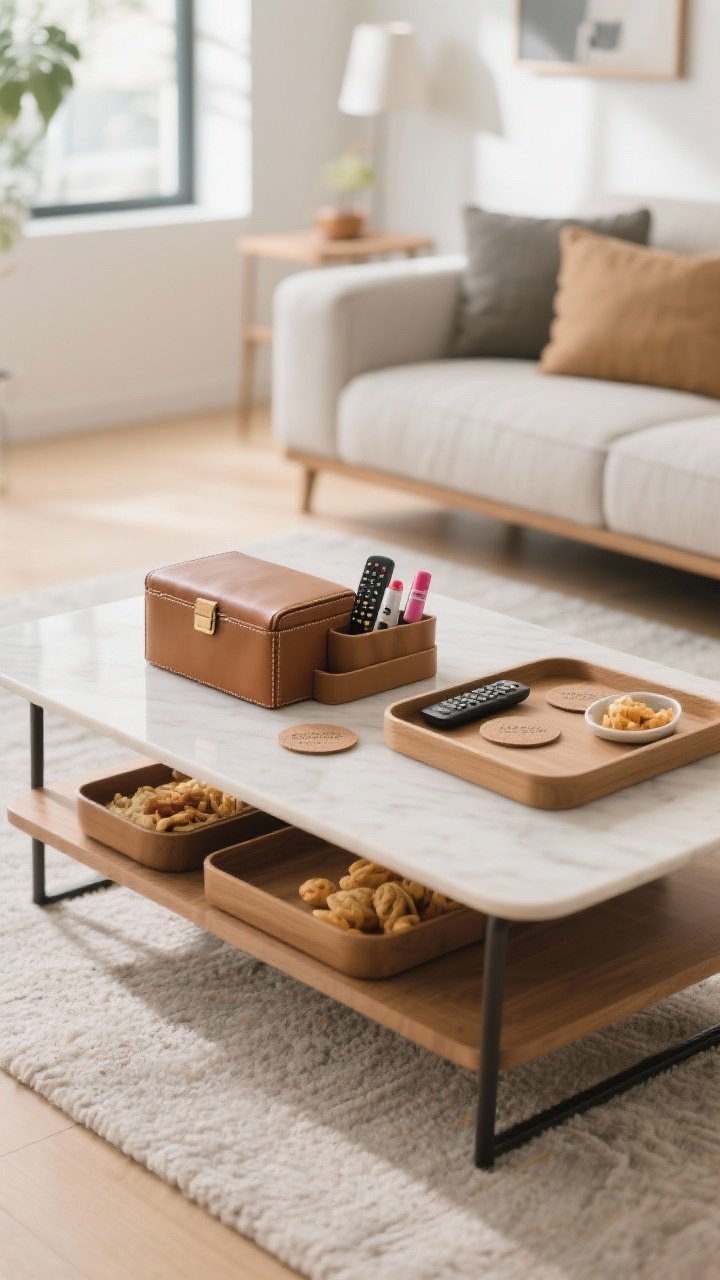 Wide shot of a real-life functional setup: coffee table with coasters in a tidy holder, a lidded leather box concealing remotes and lip balm, and a nestable tray set partially tucked under the main tray for snacks. Space left open for use, modern sofa in background. Bright, family-friendly daylight; clean, practical vibe.