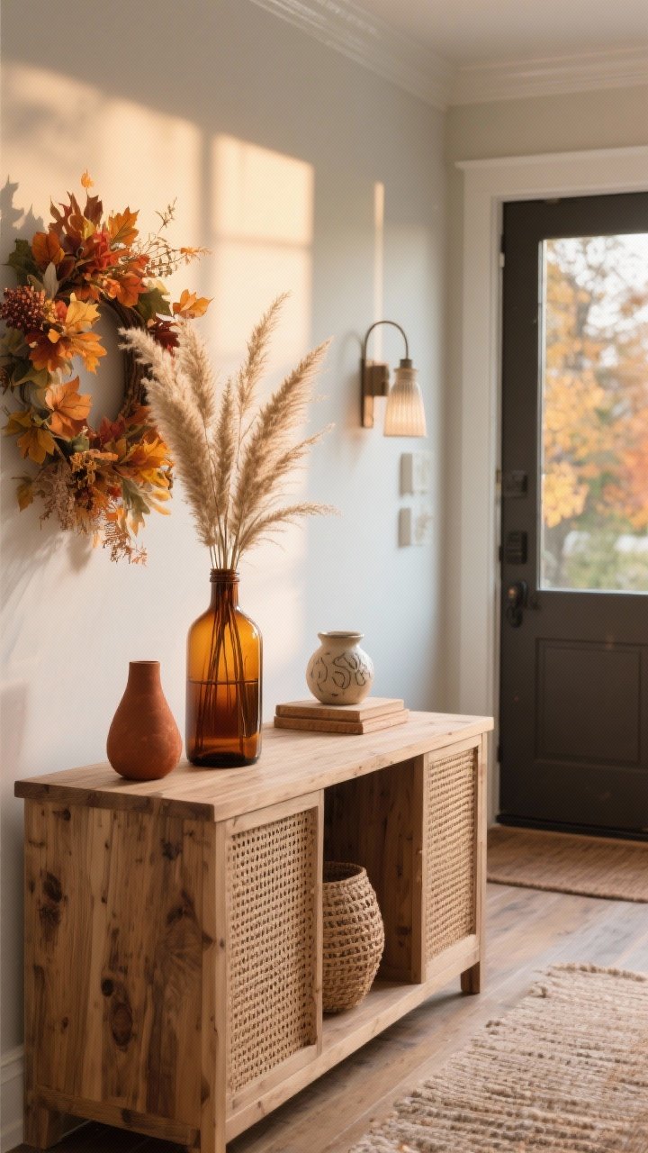 Wide shot of a seasonally refreshed entry table: choose one season—Fall scene with amber glass bottle holding dried grasses, rust-toned accents, and a small ceramic piece; warm, late-afternoon light; subtle seasonal nods (no overt holiday decor), wood tones and woven textures grounding the space