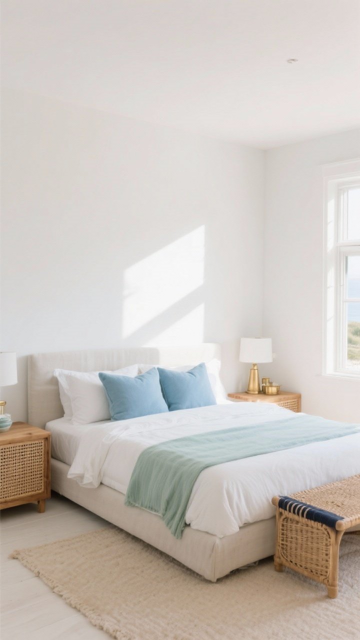 Wide shot of a serene coastal bedroom with off-white walls, sun-bleached neutrals, soft blues, warm sand tones, and gentle seafoam green accents; white or off-white painted walls, natural light flooding in, soft blue throw pillows on the bed, natural wood nightstands, and rattan details; color combos shown: white + soft blue + natural wood, greige + seafoam + brass accents, and oatmeal + navy + rattan elements; airy, uncluttered mood, photorealistic, morning light