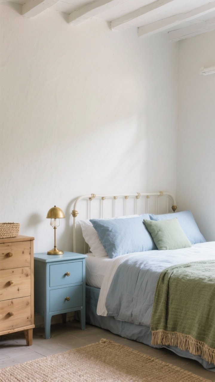 Wide shot of a serene cottage bedroom with warm white walls and low-contrast palette: pale greige paint, bedding in hazy blue and sage green accents, a muted blue painted nightstand, natural wood dresser, and woven textures for warmth; brass elements on lamp and drawer pulls; airy, sun-faded mood with even daylight; keep contrast low to make the small room feel open; no people.