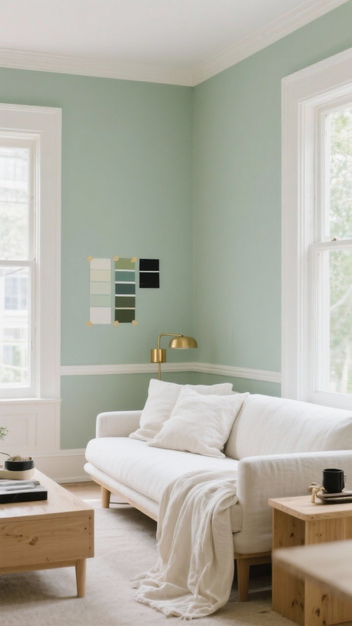 Wide shot of a serene living room with soft sage green walls and crisp white trim, off-white textiles on a linen sofa, light wood accents, and natural daylight filtering in; include subtle brass and black touches and paint swatches taped to the wall showing how light shifts across the sage tones, airy and calming mood