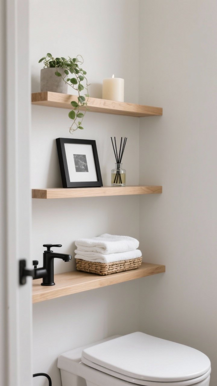 Wide shot of a small bathroom corner with two slim floating shelves in light oak stacked above a toilet; top shelf styled with a small trailing plant and a minimal candle, middle shelf with a small black-framed photo and a glass reed diffuser, bottom shelf with neatly folded white washcloths in a small woven basket; 30–40% negative space left on each shelf, hardware in matte black to match faucet, airy and uncluttered look