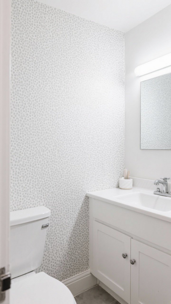 Wide shot of a small bathroom showcasing a single accent wall behind the vanity in peel-and-stick removable wallpaper with a subtle small-scale pattern in a tight palette of soft gray and white; the remaining walls are solid white, simple framed mirror and minimal accessories, bright even lighting, renter-friendly look