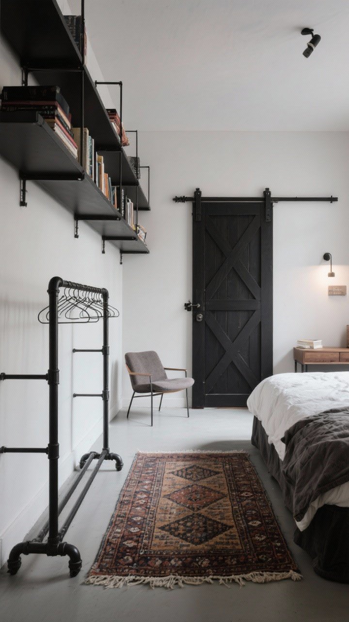 Wide shot of a small industrial bedroom with smart zones: wall-mounted black steel shelves instead of bookcases, an open clothing rack made from black steel piping, rugs defining areas (large rug under the bed, smaller rug by a reading chair), and sliding barn door hardware on a closet; lean furniture, clear pathways, low-slung silhouettes, balanced natural and ambient lighting.