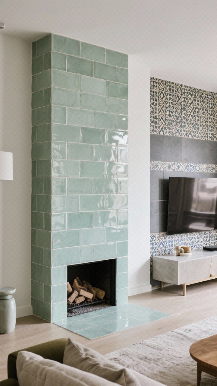 Wide shot of a tiled living room accent around a fireplace: glossy zellige tiles in soft sage with subtle variation running floor-to-ceiling to form a dramatic column; adjacent inset shows matte porcelain in charcoal and a patterned cement tile option behind a media console; minimal accessories so the tile reads like jewelry; controlled, even lighting to reduce glare.
