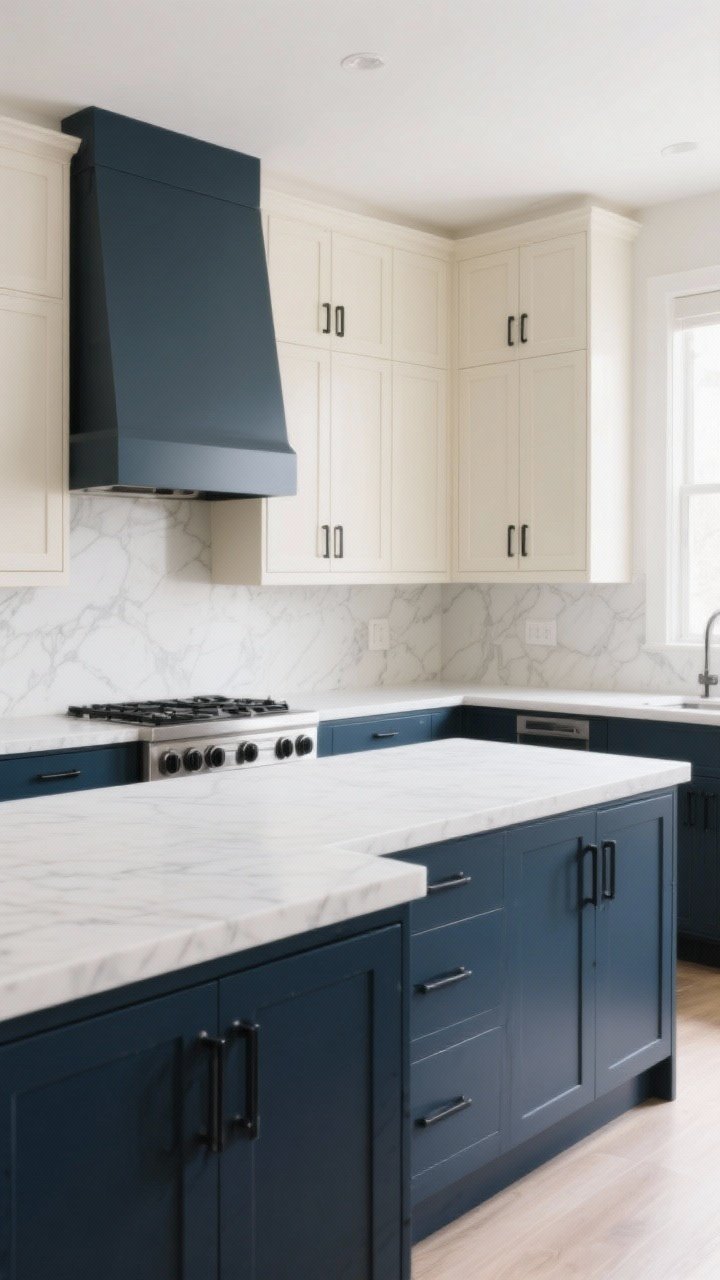 Wide shot of a two-tone kitchen: light cream upper cabinets with simple profiles and navy lower cabinets for grounded contrast; consistent hardware finish throughout (matte black) for cohesion; a matching darker shade repeated on the range hood and the island base; white quartz counters and a light marble-look backsplash; balanced, bright natural lighting; clean lines, airy feel; photographed from a corner angle to capture the palette interplay.