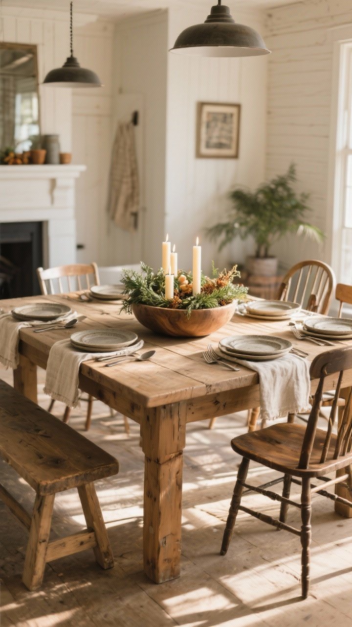 Wide shot of a welcoming farmhouse table: natural wood table centered with a low wood dough bowl filled with seasonal greenery and a few pillar candles; place settings with stoneware plates, linen napkins, and weighty flatware; mixed seating—one bench on one side and mismatched chairs on the other—bathed in warm afternoon light.