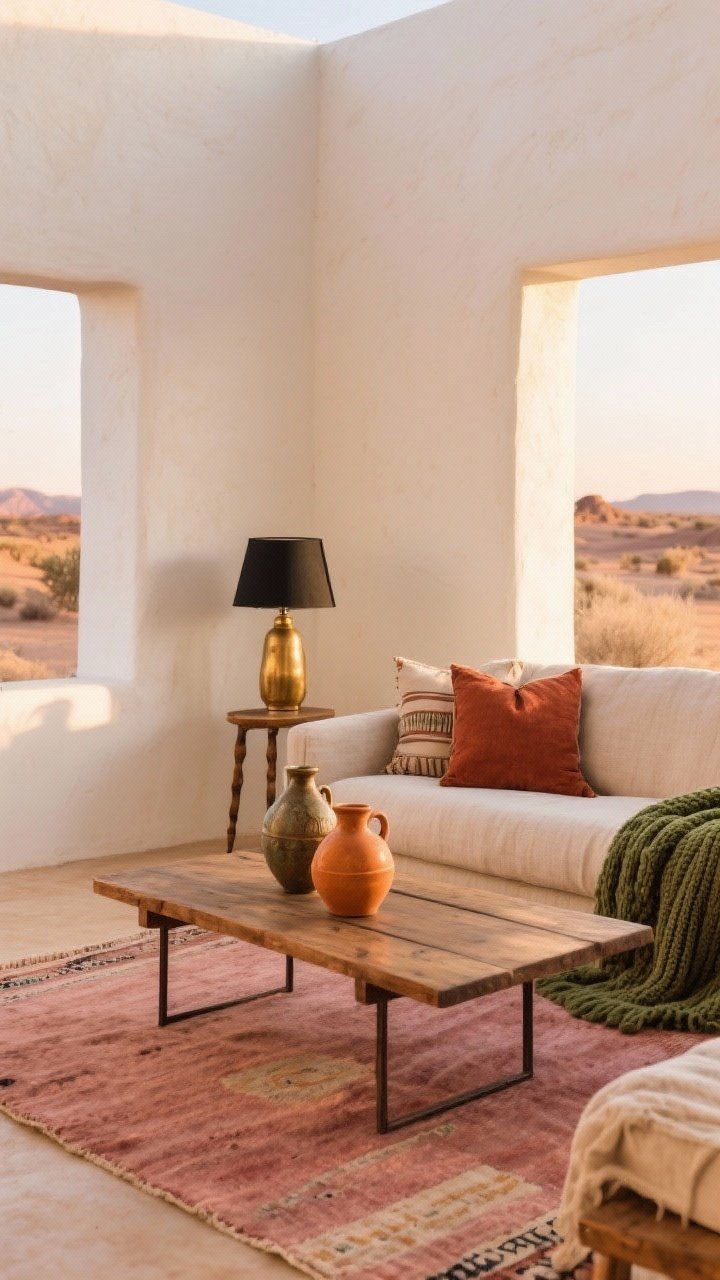 Wide shot of a Western Boho living room anchored by an earthy, sun-baked palette: warm white walls with a hint of pale clay, neutral linen sofa, dusty rose rug, rust throw pillows, sage green knit throw, ochre ceramic vases on a wood coffee table; accents in aged brass and matte black (lamp and side table legs); soft late-afternoon natural light for a cozy, desert-sunset mood.