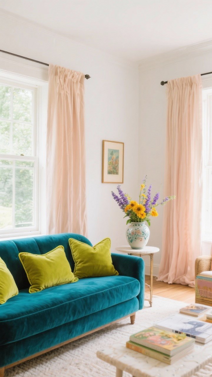 Wide shot of a whimsical living room showcasing a three-color storybook palette: warm white walls and blush beige curtains as the grounding base, a deep teal velvet sofa as the bold element, and chartreuse accents repeated three times via a ceramic vase, throw pillow piping, and a small framed print; add a marigold-and-lavender floral arrangement on a side table to echo the palette, soft natural daylight, cohesive and intentional rather than chaotic.