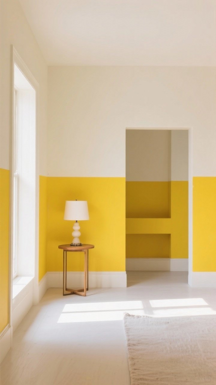 Wide shot of bold color blocking: half walls with crisp line—bottom half painted yellow, top half cream or white—or a color-blocked niche/archway/built-in. Echo the wall color on a lamp base or side table for cohesion. Clean, graphic, editorial vibe with immaculate paint lines. Bright natural light, straight-on symmetrical framing.