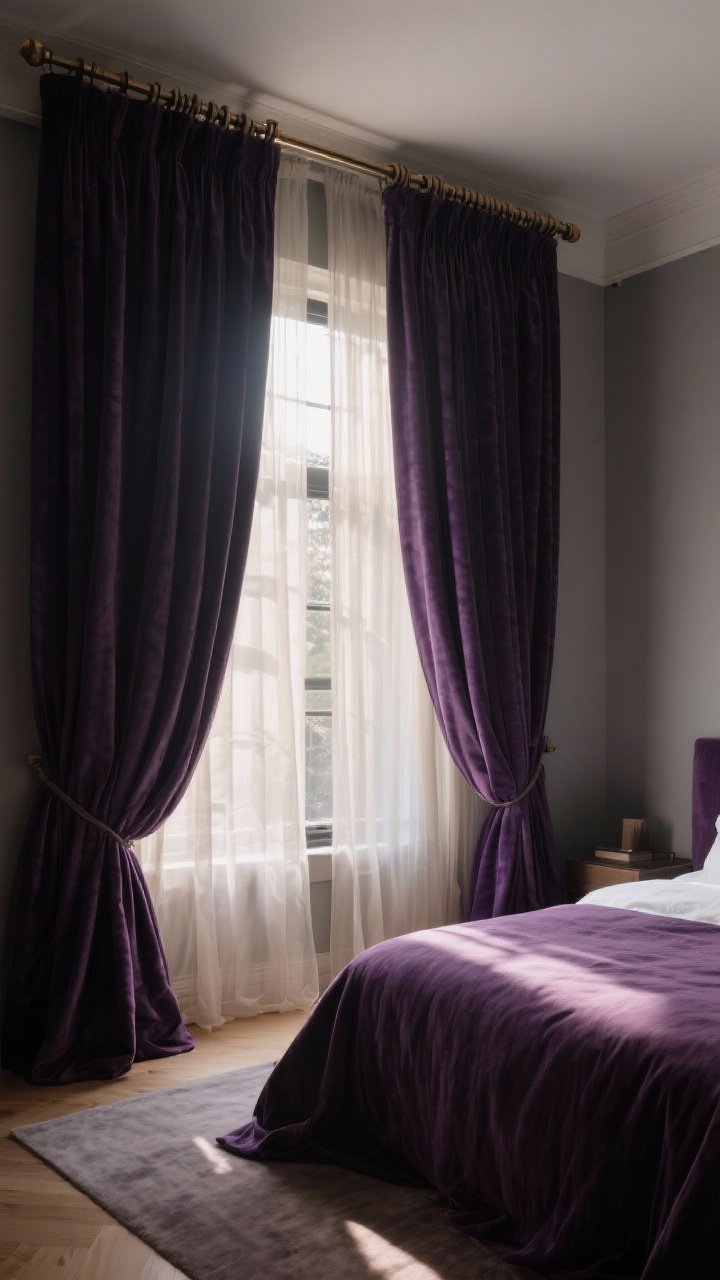 Wide shot of dramatic window treatments in a moody bedroom: heavy blackout linen drapery in deep aubergine pooling slightly on the floor, layered with sheer curtains behind; rods mounted extra high and wide to elongate the room; late afternoon light filtering through sheers, creating a cinematic atmosphere.