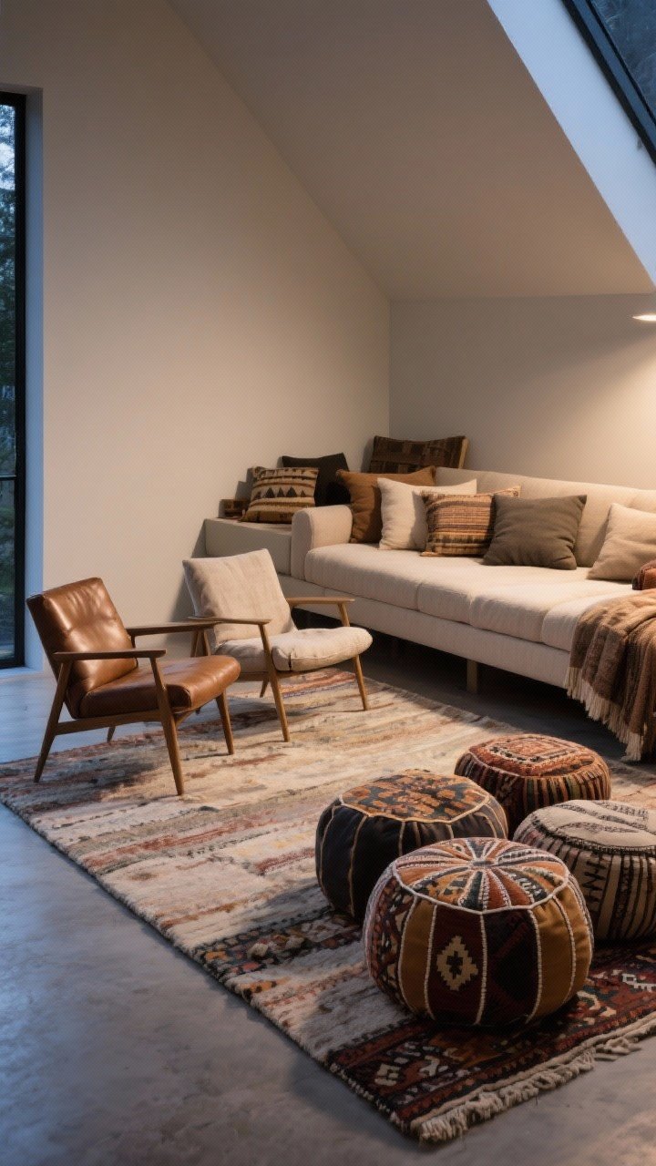 Wide shot of layered cozy seating zones: floating neutral sofa pulled off the wall and grounded by a large rug; two chairs opposite for conversation (one leather, one linen), plus a cluster of kilim floor cushions and poufs; throws and pillows layered across all seats; angled corner perspective, ambient evening light for an inviting, lounge-ready feel.