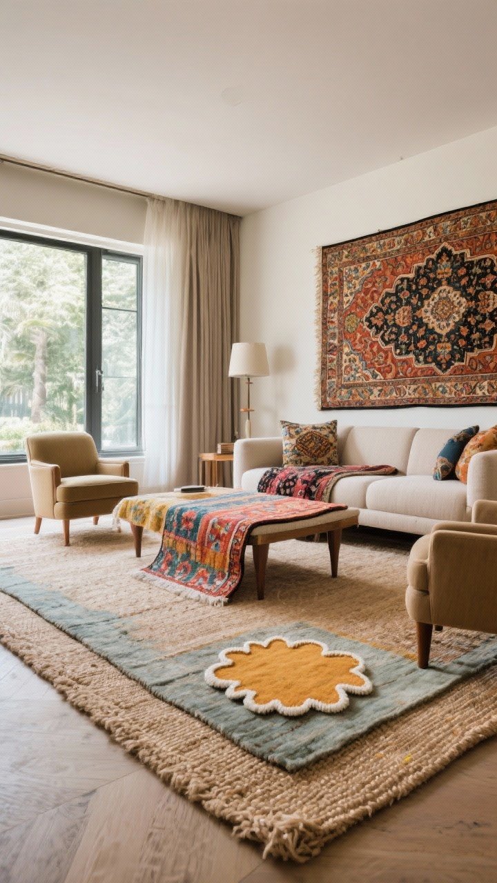 Wide shot of layered rugs like a boutique hotel: a large neutral jute base rug grounding the room, with a Persian-inspired colorful top rug angled over it; front legs of the sofa and armchairs placed on the top rug to connect the seating area; include a playful scalloped-edge accent rug tucked near a side chair; balanced daylight, cozy and collected aesthetic.