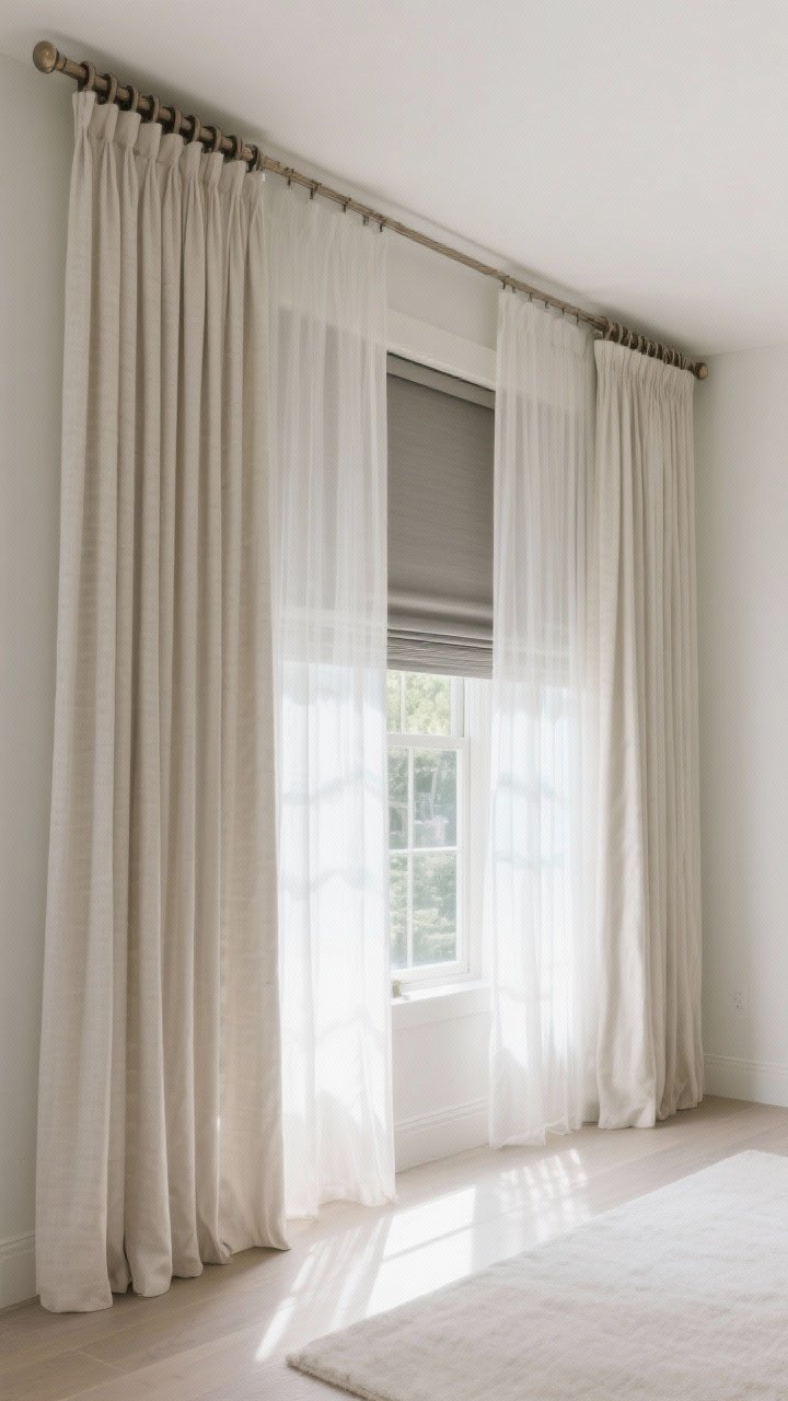 Wide shot of tall drapery treatment: curtain rods mounted 4–6 inches below the ceiling and extended wide past the window, with floor-grazing linen sheers layered over discreet blackout roller shades; airy, heightened feel, bright daylight streaming in, photorealistic